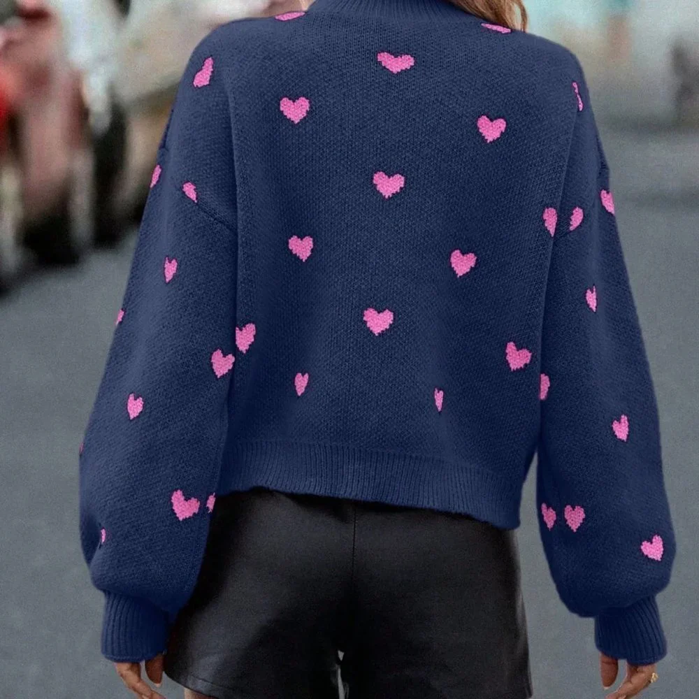 Royal Blue Casual Womens Heart Pattern Mock Neck Drop Shoulder Sweater - Picture 2 of 5